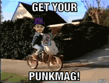 a cartoon of a man riding a bike with the words get your punkmag on the bottom