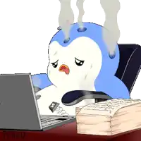 a penguin is sitting in front of a laptop with steam coming out of it
