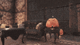 a room with a couch a table and a pumpkin on a table