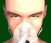 a man wearing an oxygen mask looks at the camera