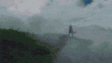 a person standing on top of a hill with a sword in their hand
