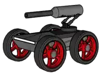 a drawing of a car with red wheels and a cannon on top
