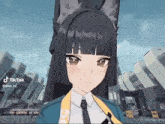 a girl with black hair and a cat ear is standing in front of a building and a sign that says tik tok