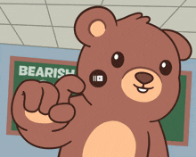 a cartoon bear giving a thumbs up in front of a board that says bearish