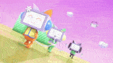 a cartoon drawing of a cat and a green monster with a rainbow in the background