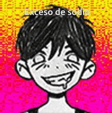 a black and white drawing of a boy with a smiley face and the words exceso de sodio on the bottom .