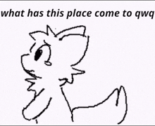 a black and white drawing of a cat with the words `` what has this place come to qwq '' written below it .