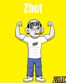 a cartoon character is flexing his muscles while wearing a shirt that says zhot