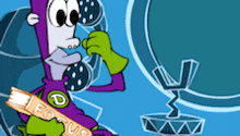 a cartoon character is talking on a phone and holding a toothbrush that says focus