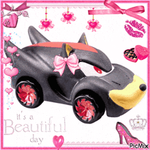 a picture of a toy car with the words it 's a beautiful day on the bottom