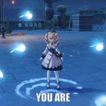 a video game character is standing in a circle with the words " you are " written on the bottom