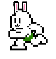 a pixel art drawing of a white rabbit with pink ears and a green swimsuit .