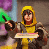 a cartoon character in a yellow hoodie is holding a pen and a piece of paper .