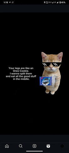 a cat wearing sunglasses is holding a bag of oreo cookies .
