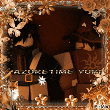 a picture frame with a fox and flowers with the name azuretime yuri