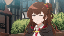 a girl with long brown hair and a red tie making a funny face
