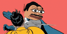 a cartoon of a man with a mustache holding another man 's head