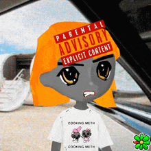 a cartoon character has a parental advisory explicit content sticker on his head