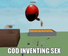 a red balloon is flying in the air with the words `` god inventing sex '' written on it .