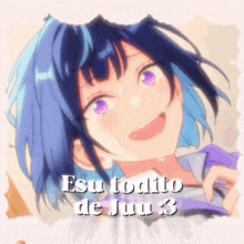 a picture of a girl with blue hair and purple eyes and the words " esutodito de juu "
