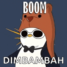a cartoon of a penguin wearing sunglasses and a bow tie with a bear on its head .