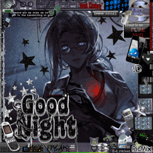 a computer screen with a girl and the words good night written on it