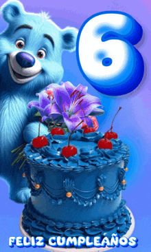 a blue teddy bear is holding a blue cake with cherries on it and the number 6 in the background