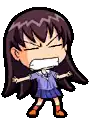 a pixel art of a girl with purple hair and a blue skirt .