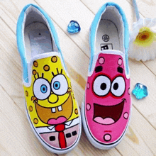 a pair of shoes with spongebob and patrick faces on them