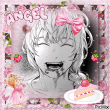 a picture of a girl with a pink bow and the word angel on it