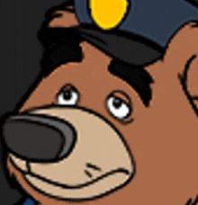 a cartoon bear wearing a police hat with a yellow badge on it