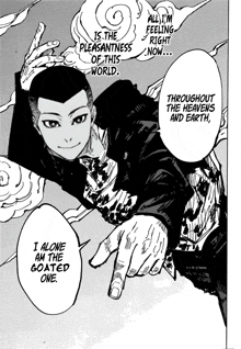 a black and white drawing of a man pointing at something with the words " i alone am the goated one "