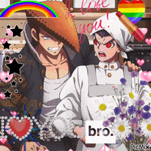 a couple of anime characters standing next to each other with a rainbow in the background and the words " i love you "