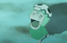 a cartoon character with a skull on his head and green hair