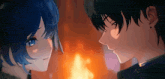 a boy and a girl looking at each other with a fire in the background