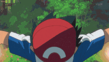 a cartoon character is laying down with his arms outstretched and his hat has the letter c on it