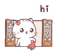 a cartoon cat with a flower on its head is standing in front of a window and says hi