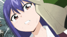 a girl with purple hair is being held by a person
