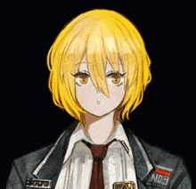 a drawing of a girl with yellow hair and a badge that says no3
