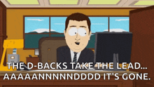 a cartoon of a man sitting at a desk with the words " the d-back 's take the lead "