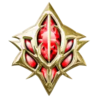 a gold and red emblem with a sword in the middle