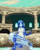 a cartoon character with blue hair and a white dress