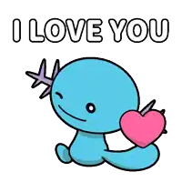 a blue axolotl is holding a pink heart and saying i love you .