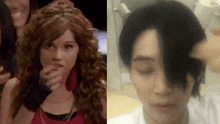 a woman wearing a wig and a man with short hair are standing next to each other .