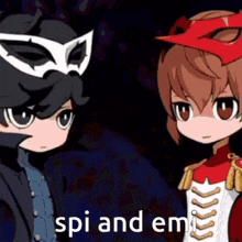 a couple of cartoon characters are standing next to each other and the words spi and emi are visible