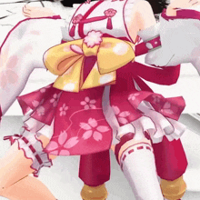 a cartoon character wearing a red and yellow dress with flowers on it