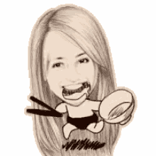 a black and white drawing of a woman holding a bowl of food with chopsticks .