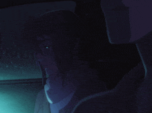 a man and a woman are sitting in a car and the woman has green eyes