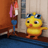 a cartoon duck wearing sunglasses is standing in a room