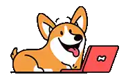 a cartoon corgi dog is laying down and using a laptop computer .